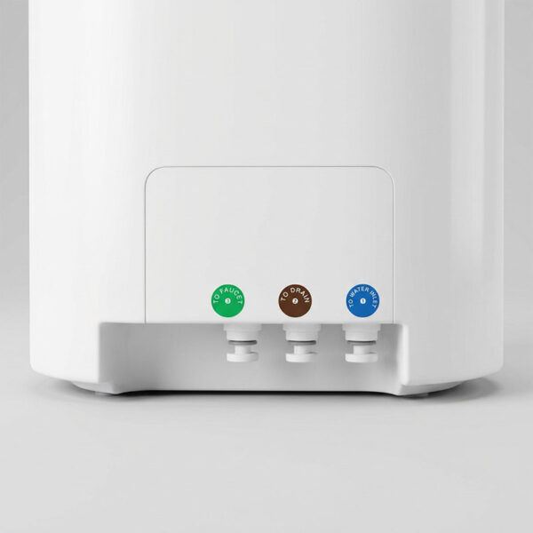Rückseite der Bluestream Osmoseanlage mit farbig markierten Anschlüssen für Zulauf, Abfluss und Hahn