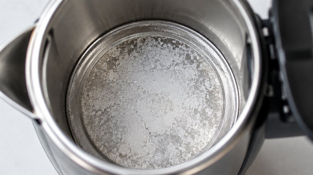 Weiße Kalkablagerungen auf dem Heizboden eines geöffneten Wasserkochers