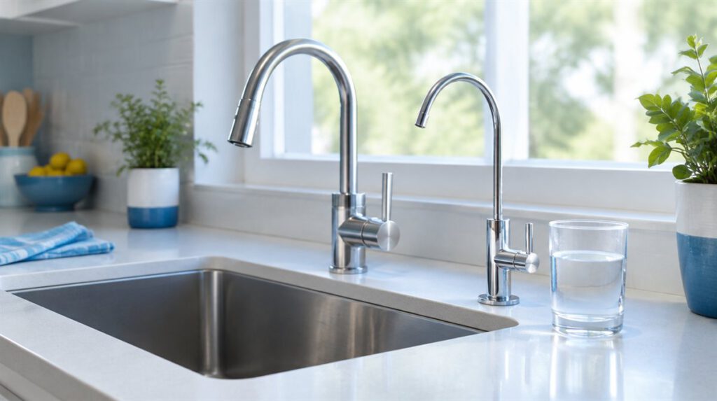Symbolbild: Küchenspüle mit Hauptarmatur und zusätzlichem Auslauf für gefiltertes Wasser, daneben ein Glas Wasser