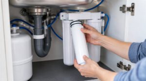 Hände tauschen eine Filterkartusche einer Untertisch-Osmoseanlage im Spülenschrank