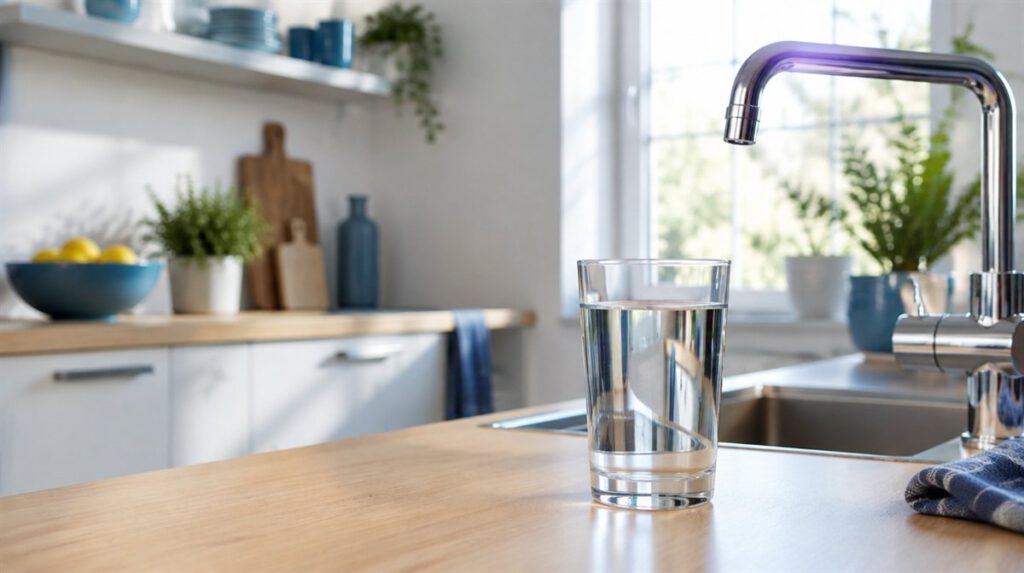 Glas mit Wasser auf der Arbeitsplatte einer hellen Küche neben einem Wasserhahn