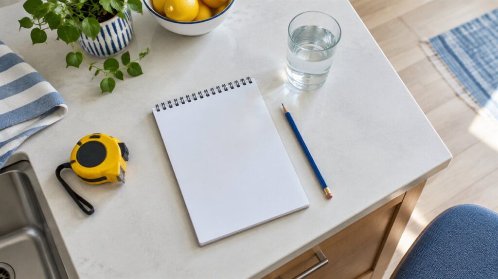 Notizblock, Bleistift, Maßband und ein Glas Wasser auf einer Küchenarbeitsplatte