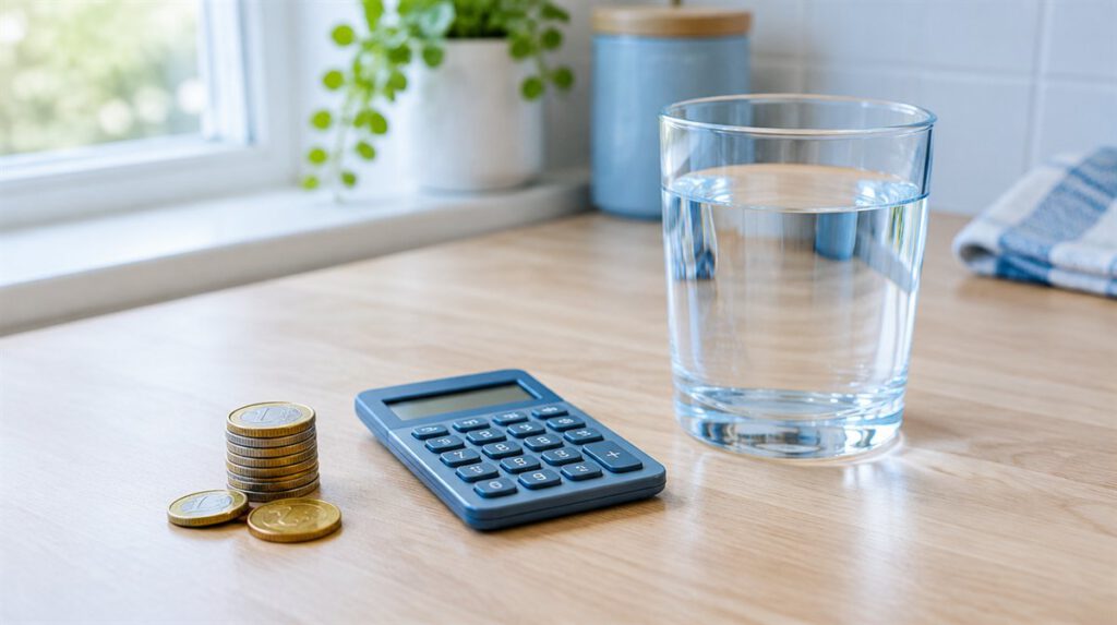Euro-Münzen, Taschenrechner und ein Glas Wasser auf einer Küchenarbeitsplatte