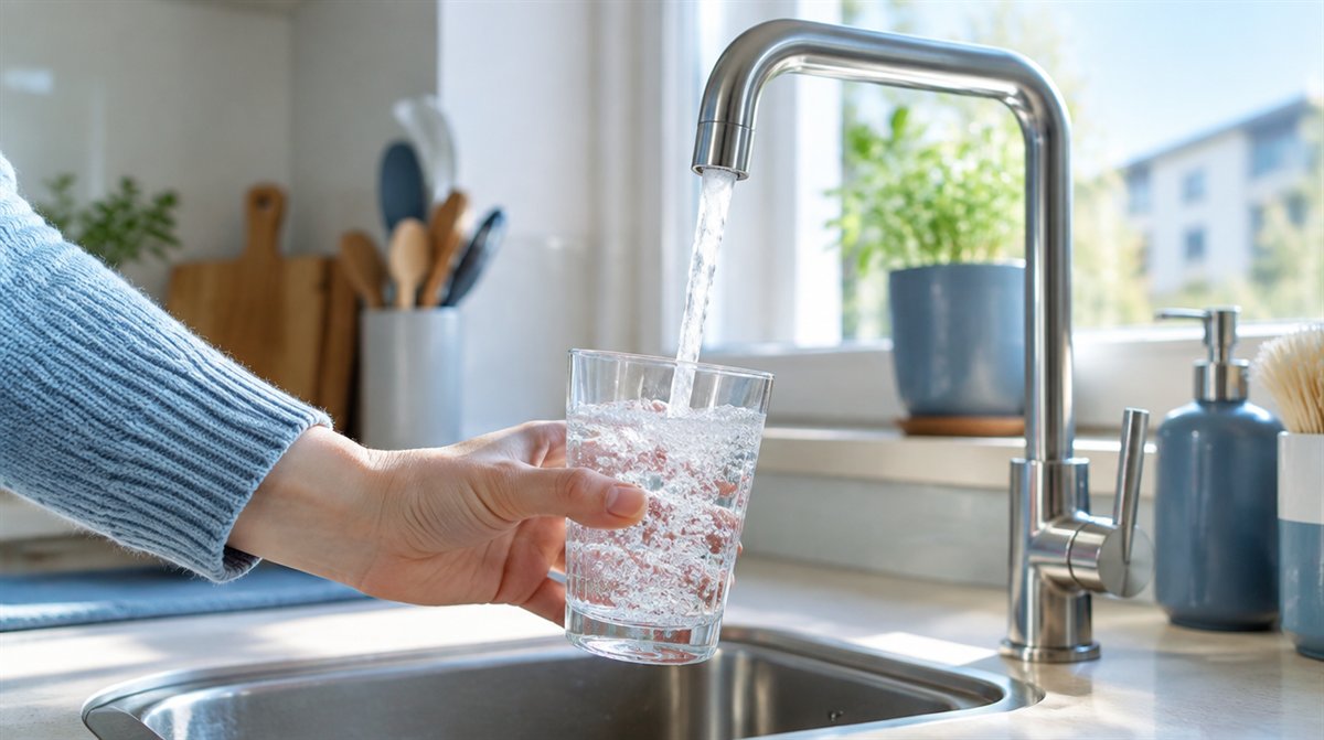 Hand füllt ein Glas mit klarem Wasser aus einem Küchenhahn