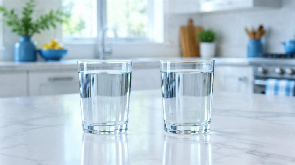 Zwei Gläser mit klarem Wasser nebeneinander auf einer Küchenarbeitsplatte