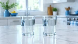 Zwei Gläser mit klarem Wasser nebeneinander auf einer Küchenarbeitsplatte