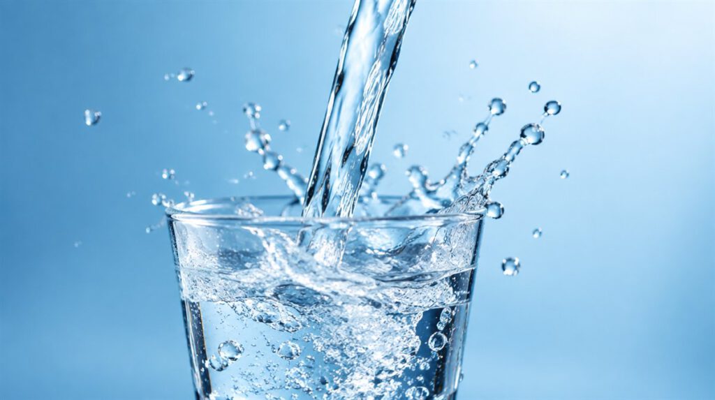 Klares Wasser spritzt in ein Trinkglas vor hellblauem Hintergrund