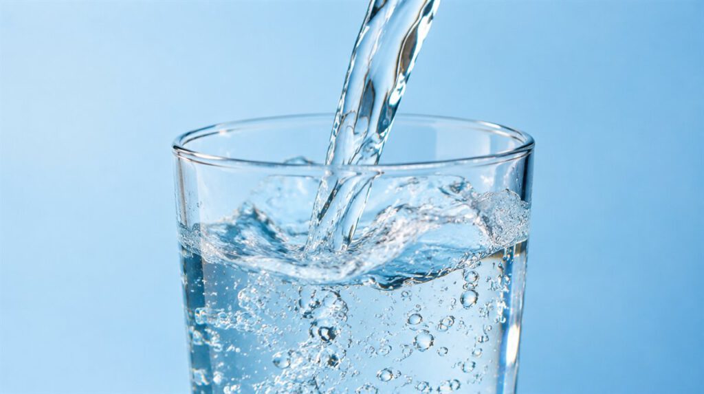 Wasser fließt in ein Glas, Nahaufnahme mit Wassertropfen
