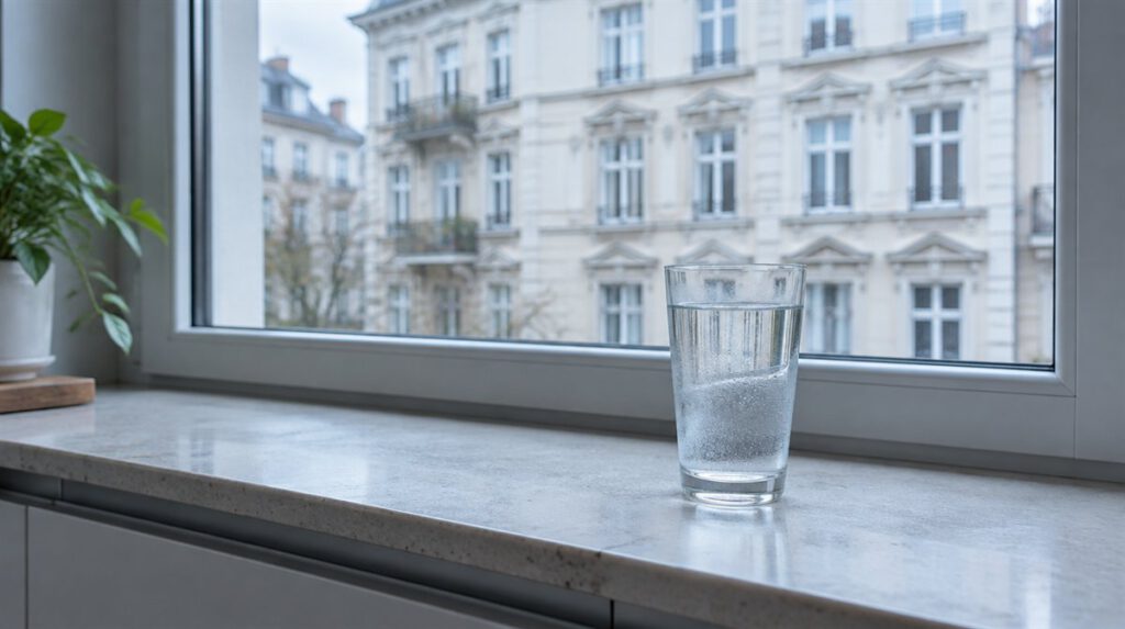 Glas mit Leitungswasser auf einer Fensterbank, im Hintergrund eine Berliner Altbaufassade