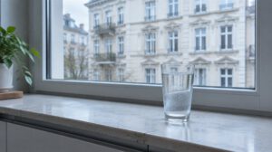 Glas mit Leitungswasser auf einer Fensterbank, im Hintergrund eine Berliner Altbaufassade